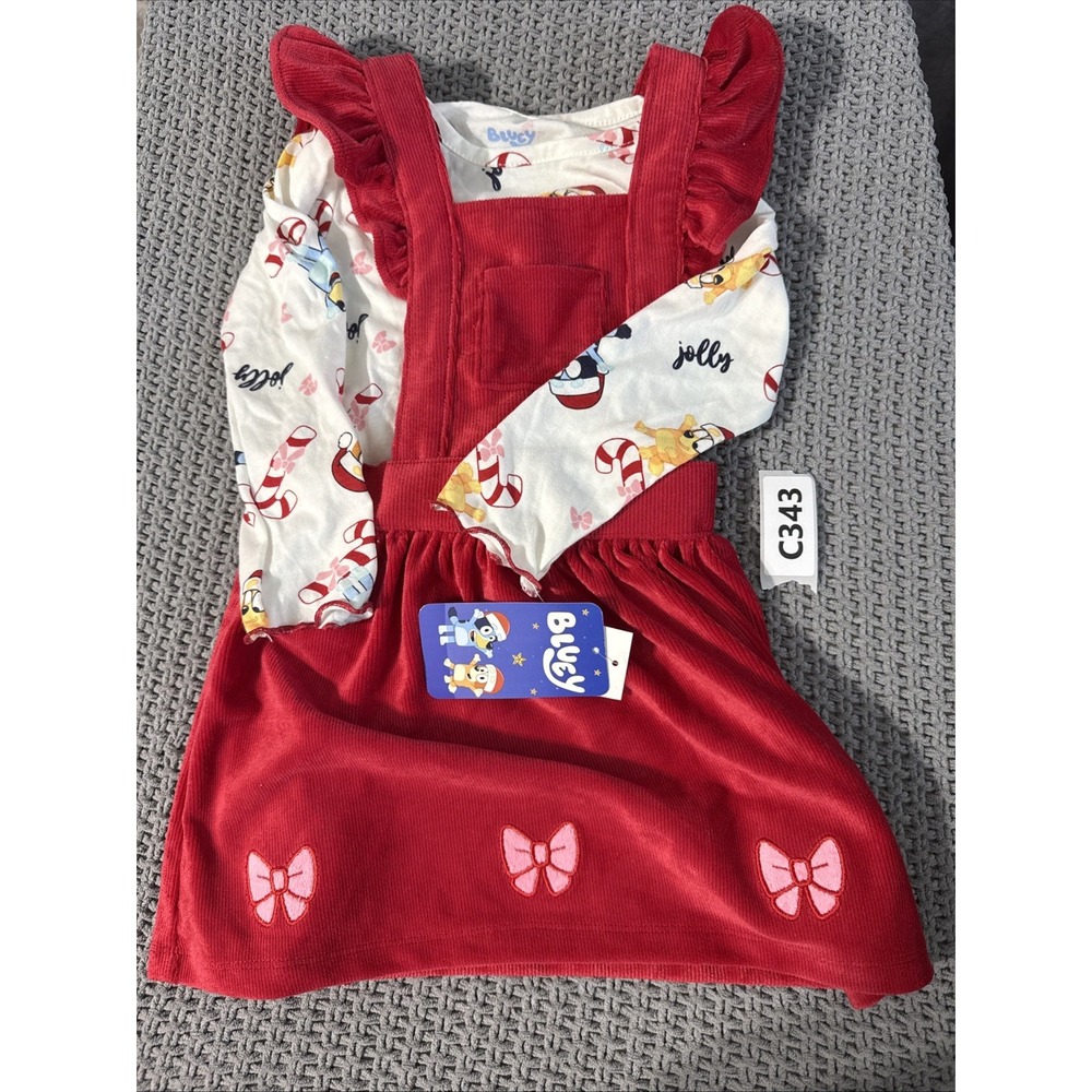 Bluey Toddler Girls 2T Red Christmas Long Sleeve T-Shirt & Corduroy Dress Set